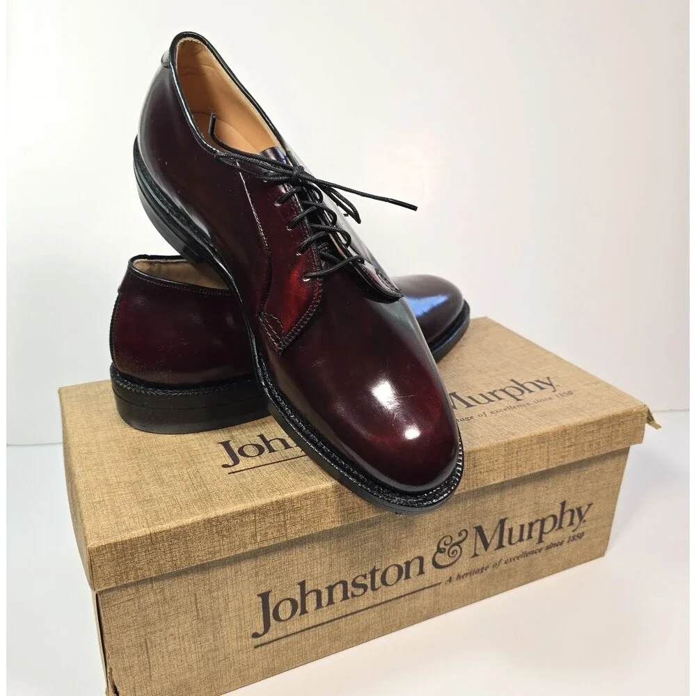 Johnston Murphy Men's 8.5 D Burgundy Leather Plain Toe Blucher Derby Dress Shoes